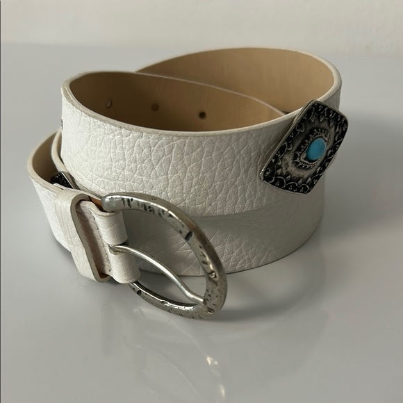 Garuglieri White Leather Belt Made in Italy Turquoise Accent Size M VintageStyle - Picture 1 of 8